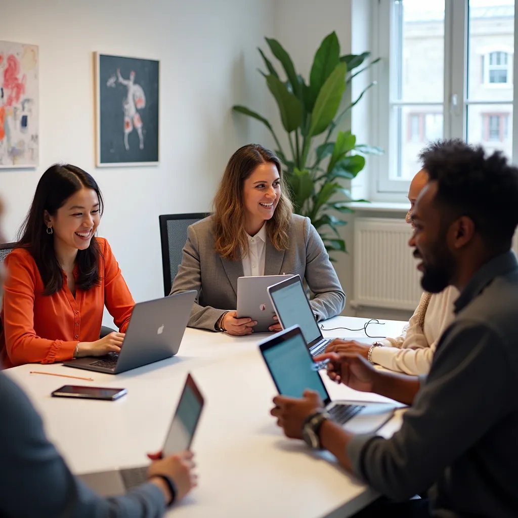 Our creative team collaborating on mobile app designs in our modern studio workspace